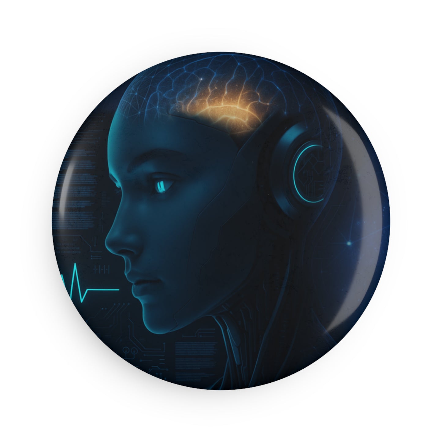 Futuristic AI Brain Button Magnet, Cyberpunk Decor Magnet