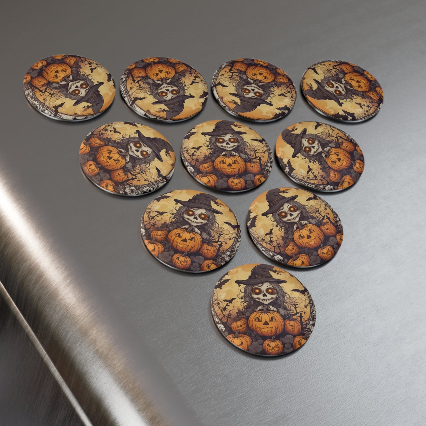 Halloween Skull Witch Magnet, Round Fridge Magnet, Spooky Decor, Halloween Home Decor, Trick or Treat Gift, Pumpkin Halloween