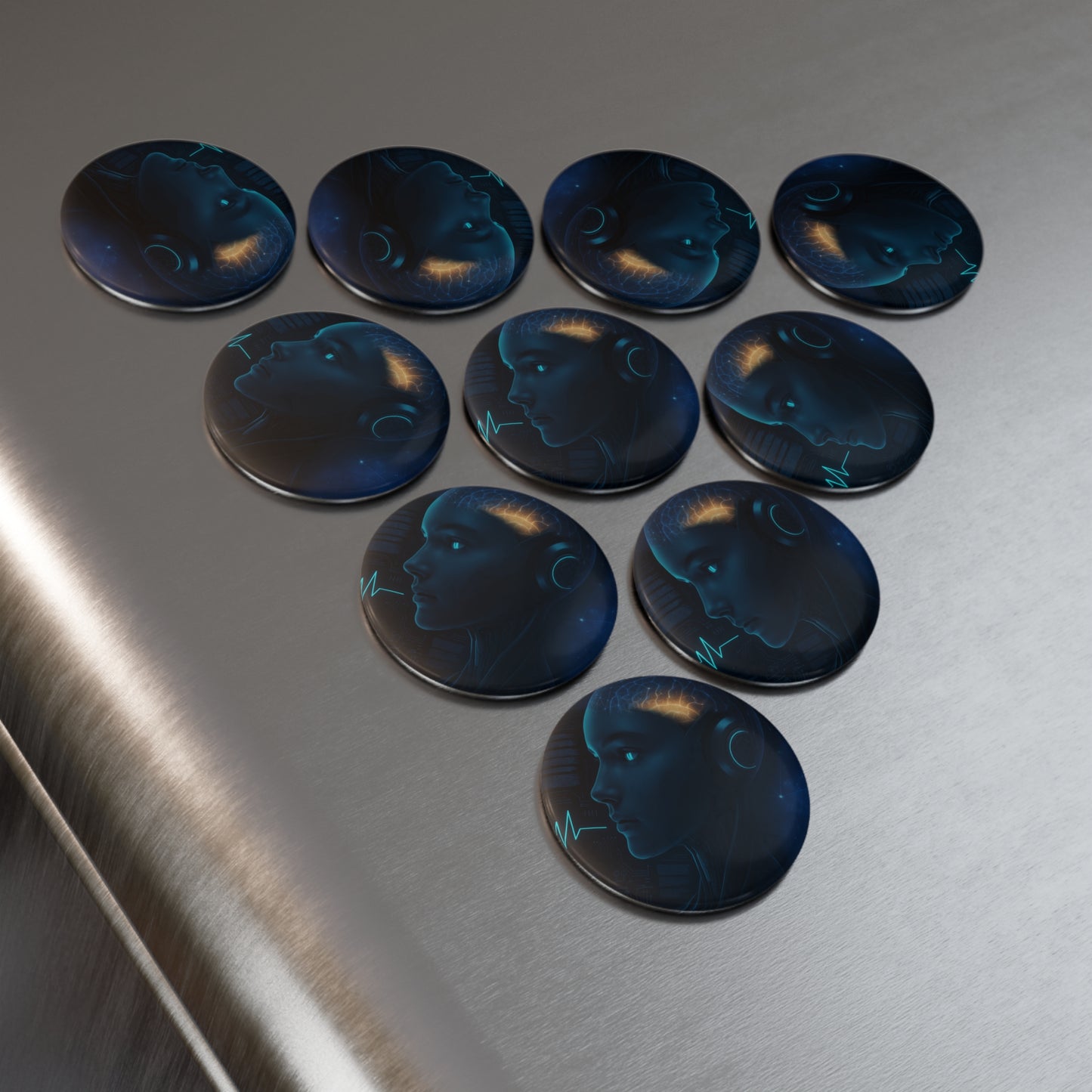 Futuristic AI Brain Button Magnet, Cyberpunk Decor Magnet