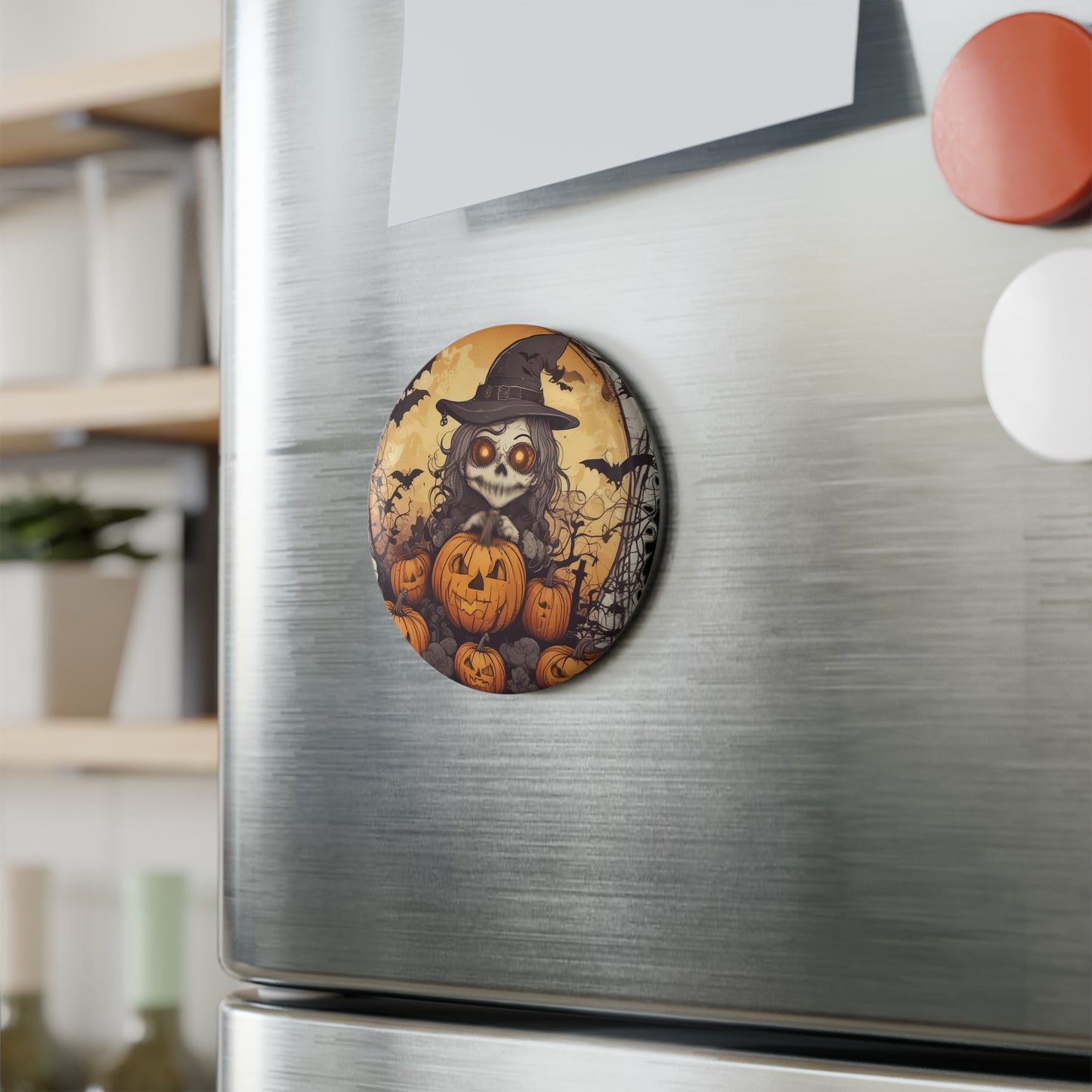 Halloween Skull Witch Magnet, Round Fridge Magnet, Spooky Decor, Halloween Home Decor, Trick or Treat Gift, Pumpkin Halloween