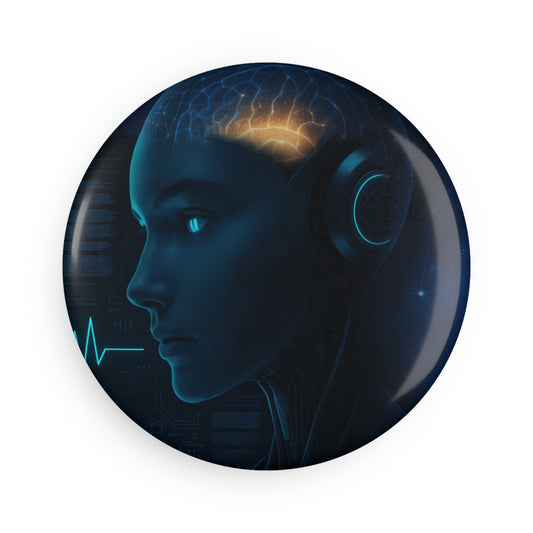 Futuristic AI Brain Button Magnet, Cyberpunk Decor Magnet