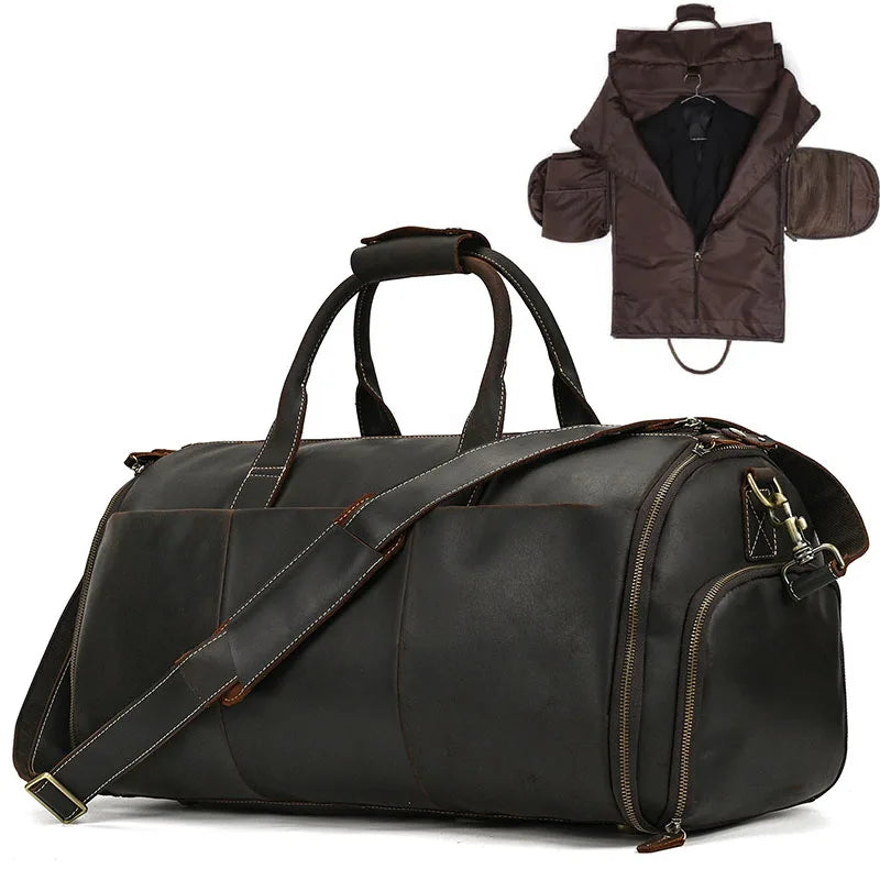 Luxurious Genuine Leather Suit Travel Bag with Shoe Pocket