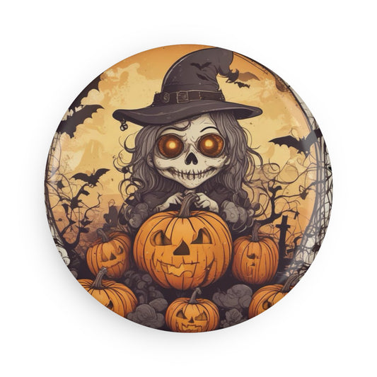 Halloween Skull Witch Magnet, Round Fridge Magnet, Spooky Decor, Halloween Home Decor, Trick or Treat Gift, Pumpkin Halloween